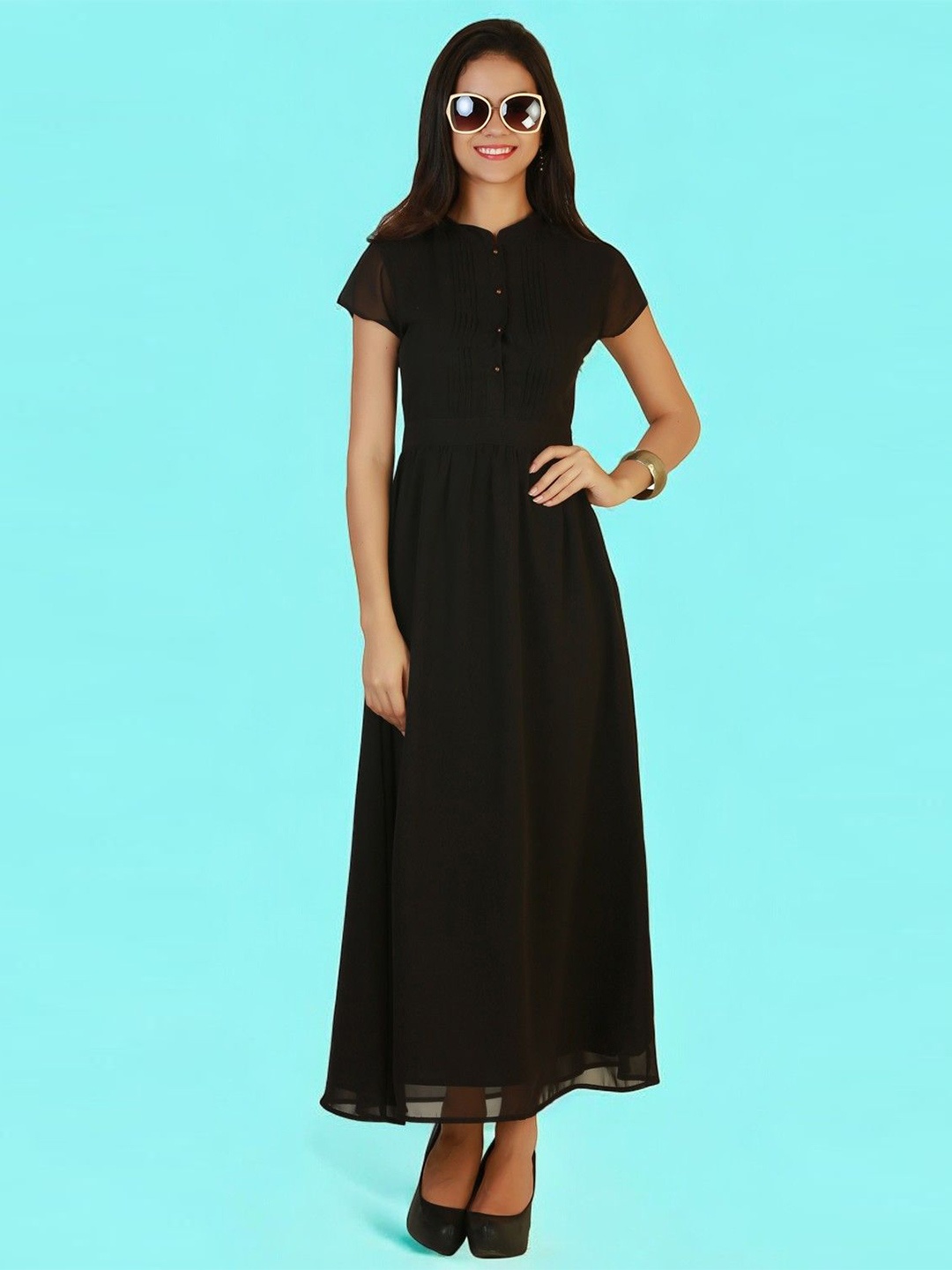 

BAESD Women Round Neck Short Sleeves A-Line Maxi Dress, Black