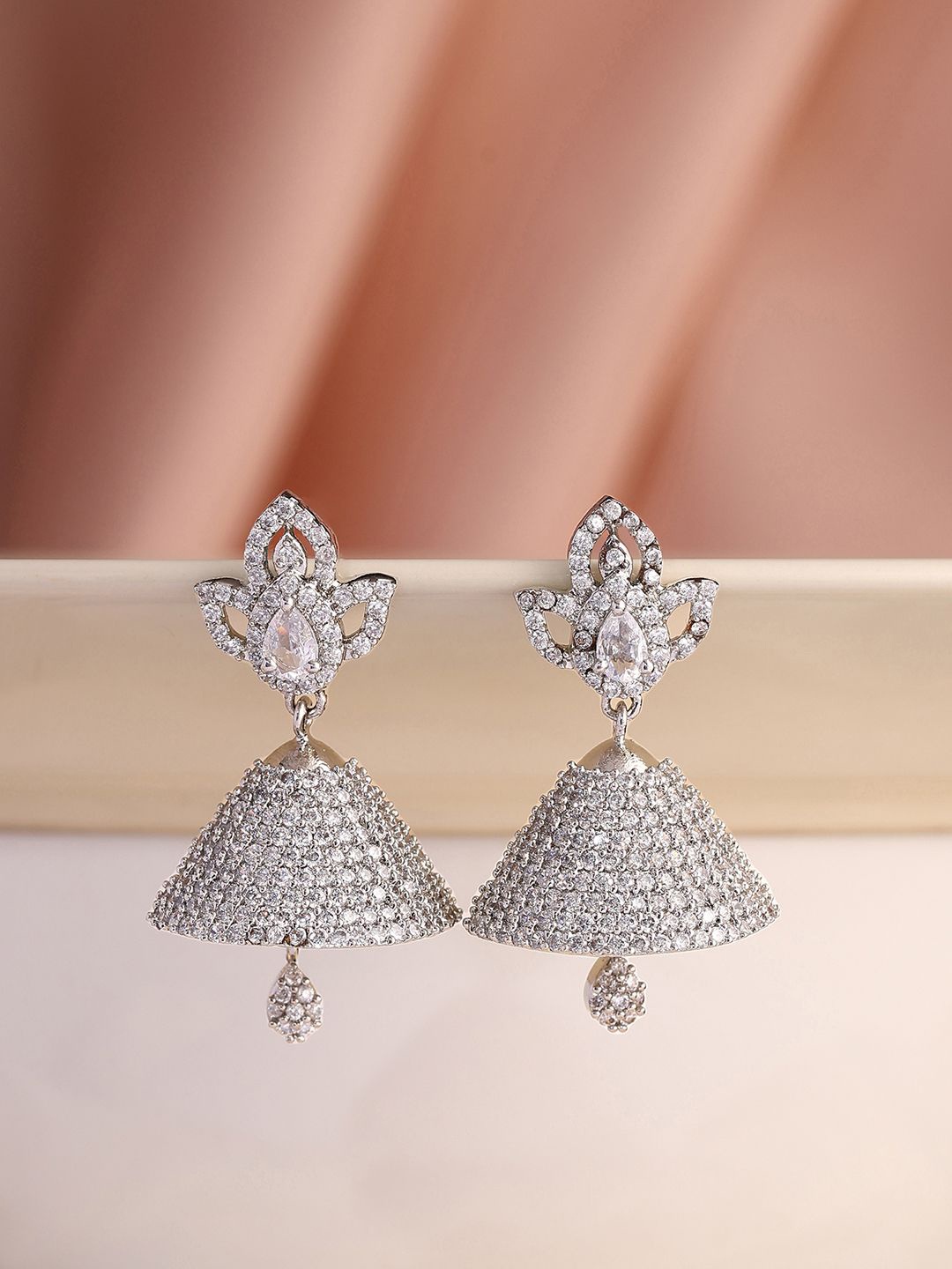 

Priyaasi Silver Plated American Diamond Dome Shaped Jhumkas