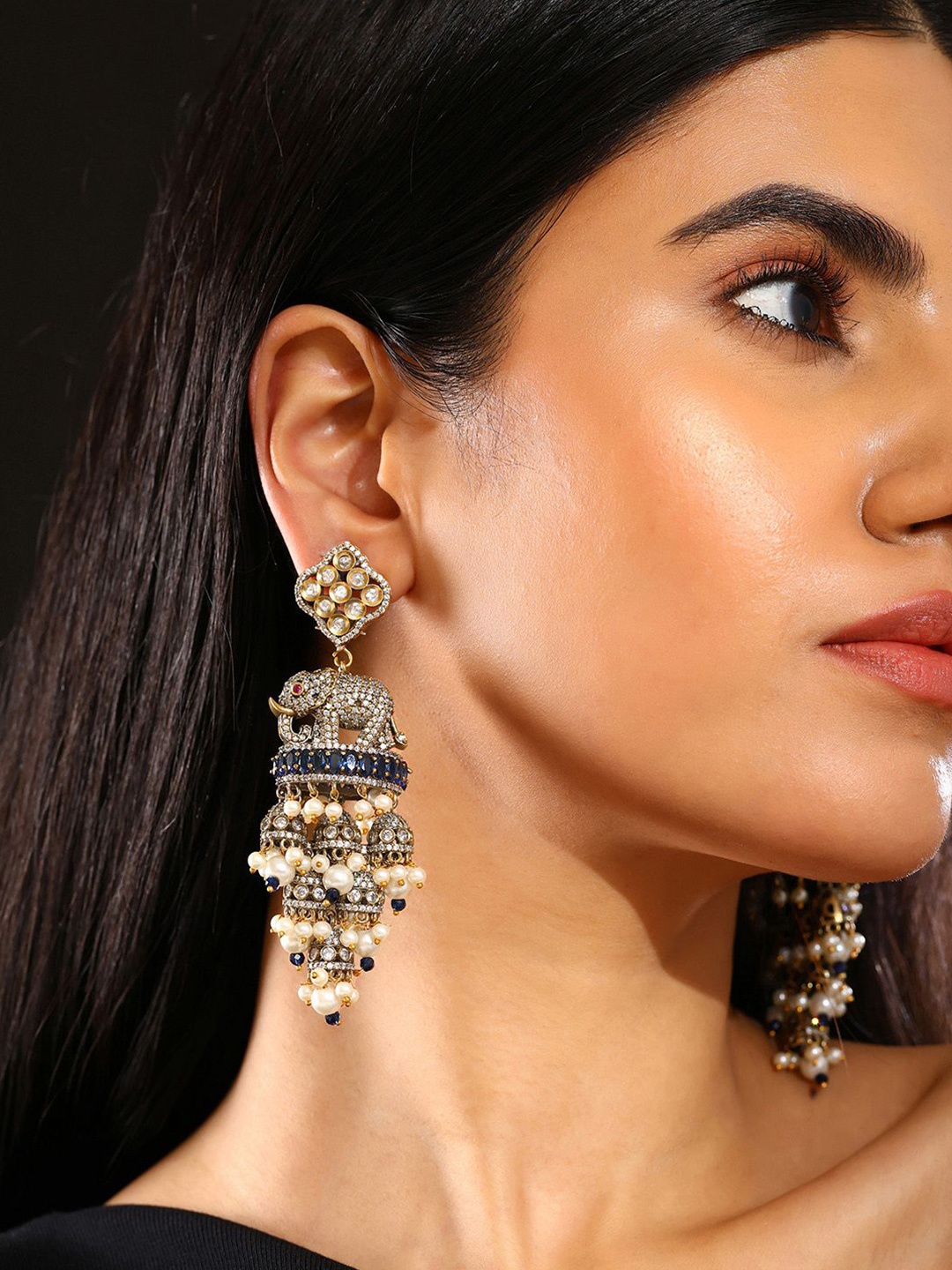 

Priyaasi Gold-Plated Elephant American Diamond Studded & Beaded Jhumkas