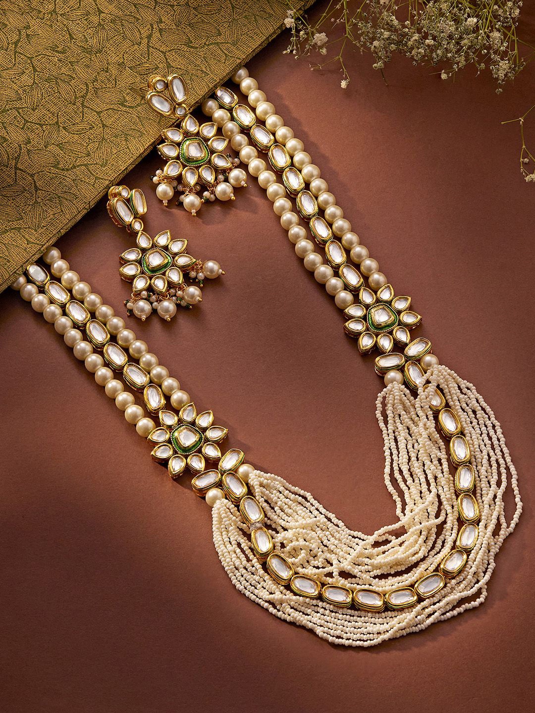 

Priyaasi Gold-Plated Kundan Pearl Floral Layered Haram Jewellery Set