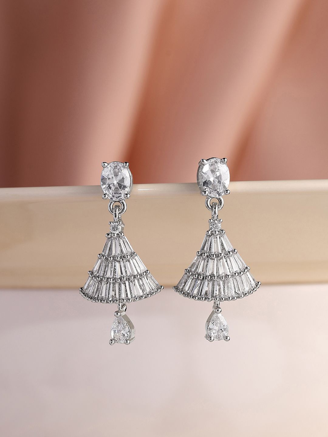 

Priyaasi Silver-Plated American Diamond-Studded Contemporary Jhumkas