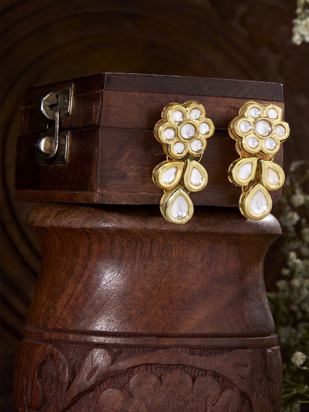 

Priyaasi Gold-Plated Mini Floral Kundan Studded Drop Earrings