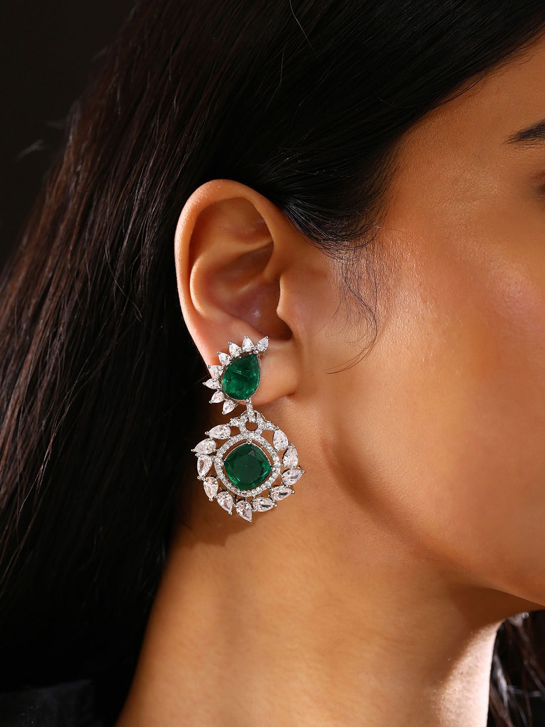 

Priyaasi Silver-Plated American Diamond-Studded Contemporary Drop Earrings