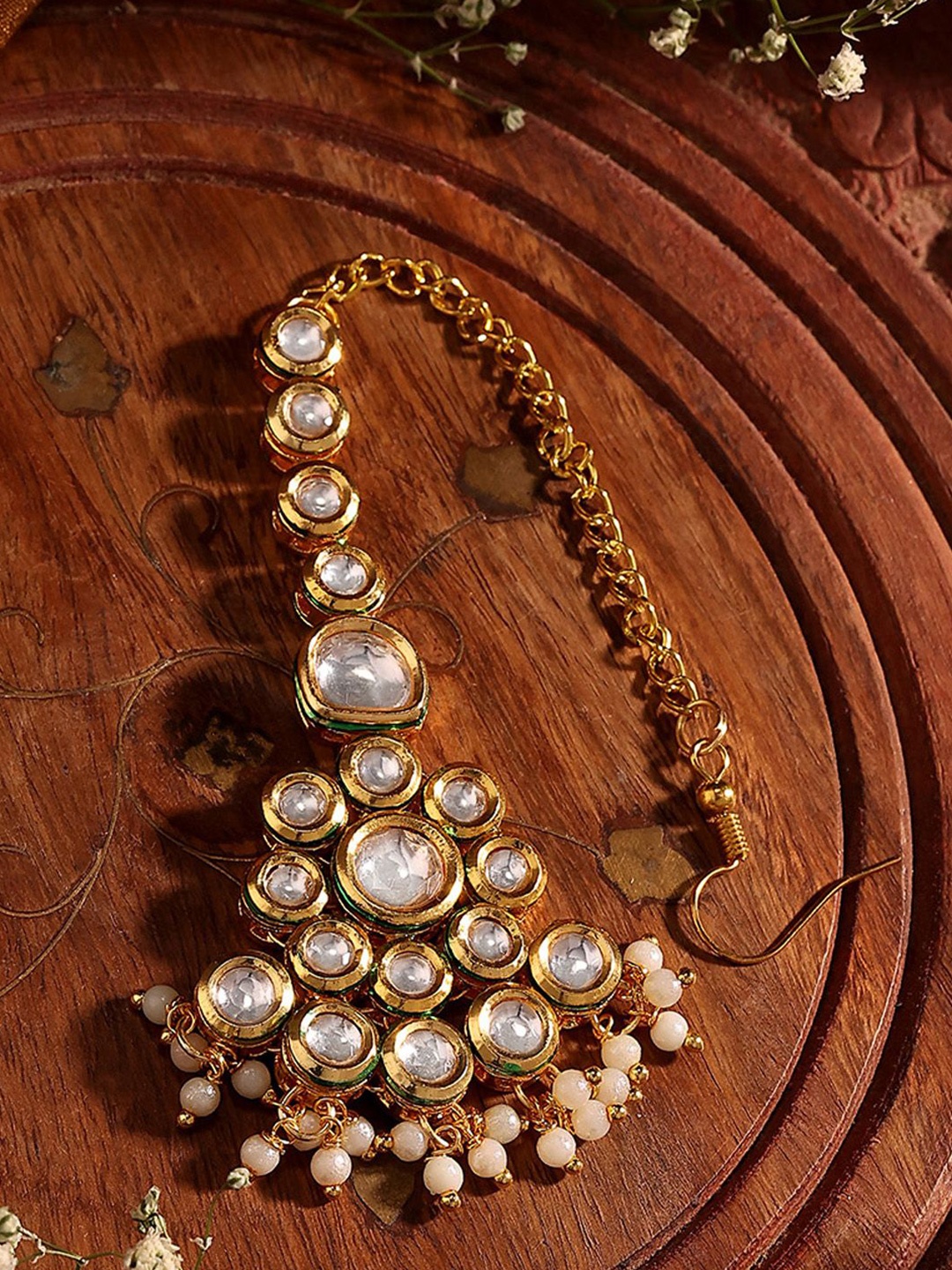 

Priyaasi Gold-Plated Kundan Studded & Pearl Beaded Floral Design Maang Tikka