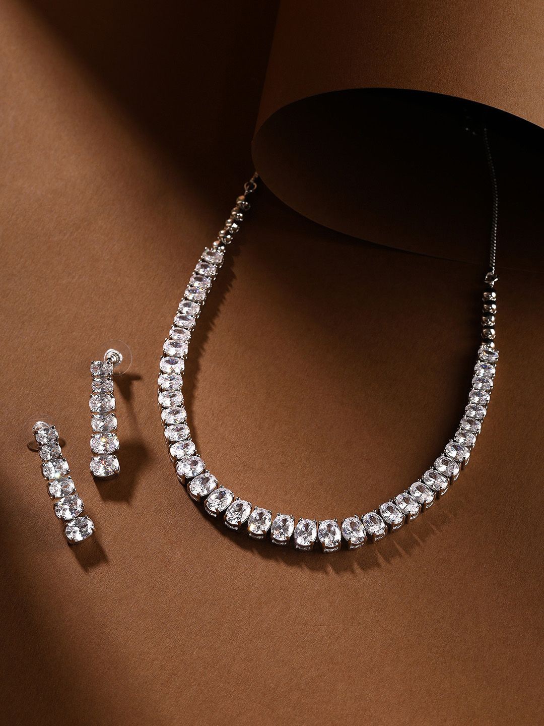 

Priyaasi Sliver-Plated American Diamond Studded Jewellery Set, Silver
