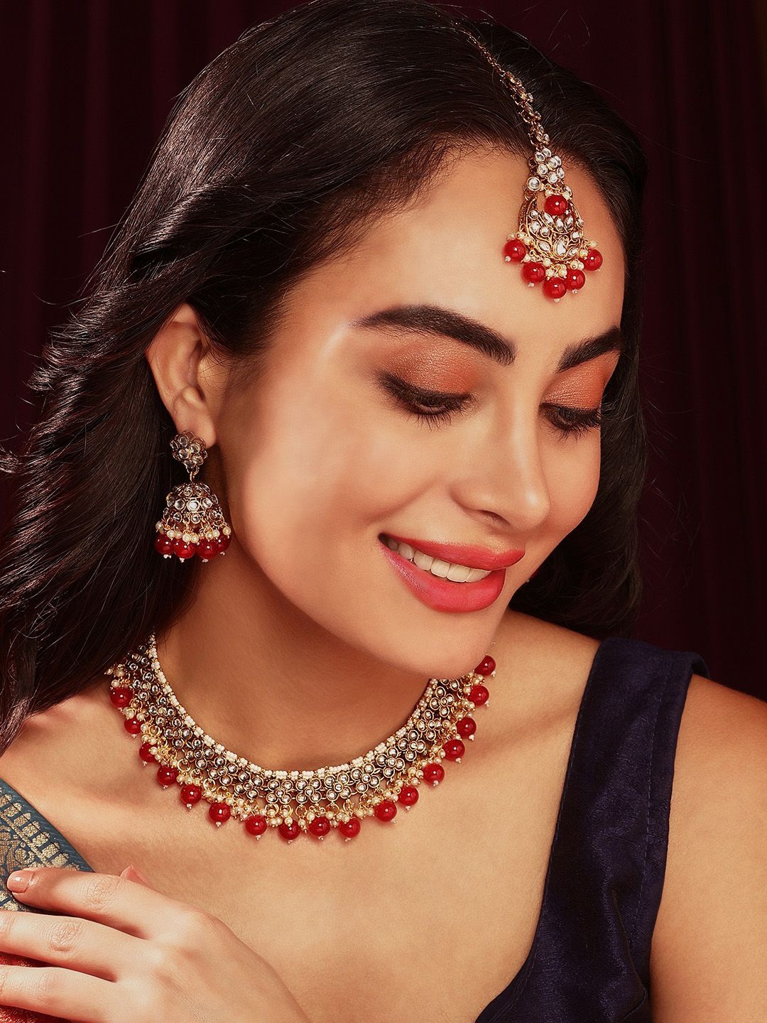 

Priyaasi Gold-Plated Kundan-Studded & Beaded Floral Necklace Jhumki Earrings & Maangtika