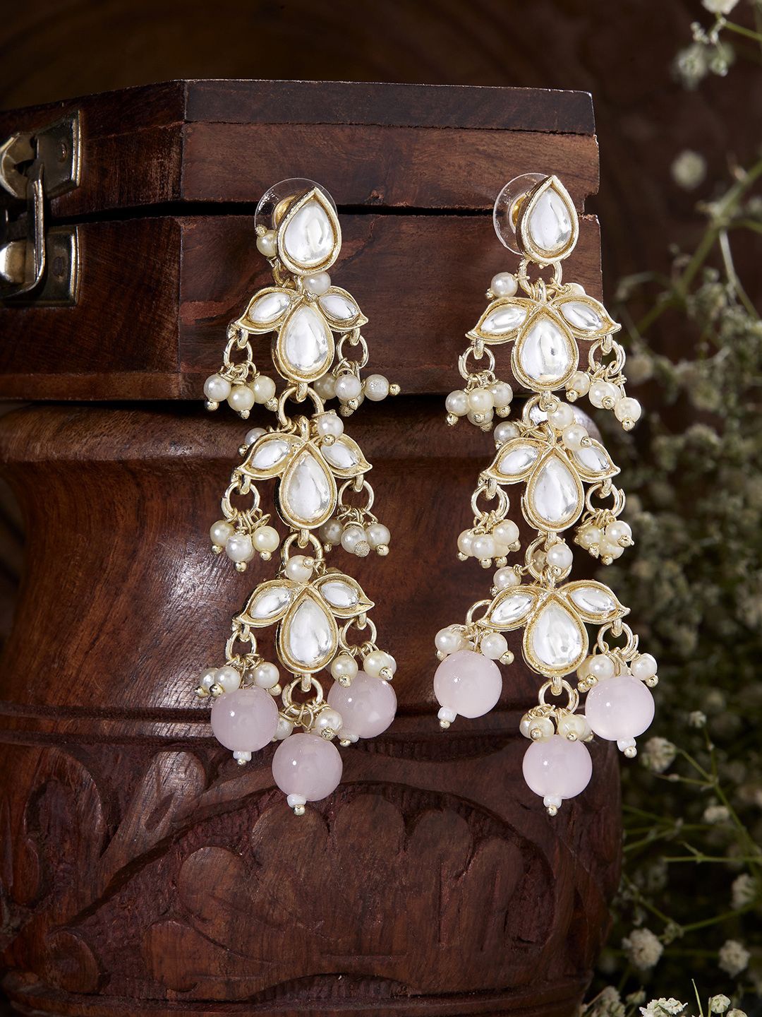 

Priyaasi Gold Plated Kundan Pearl Beaded Contemporary Drop Earrings