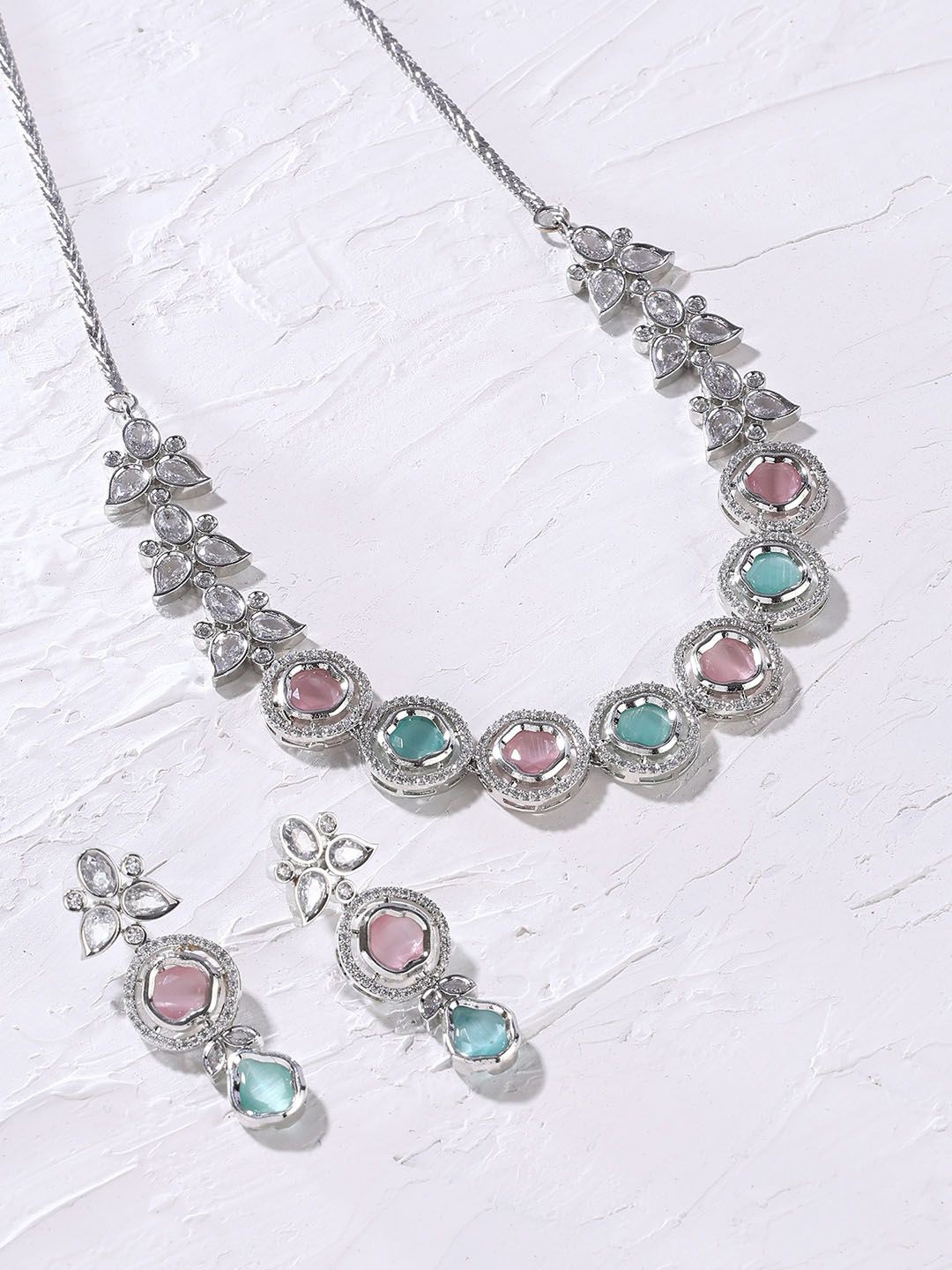

Priyaasi Silver-Plated American Diamond- Studded & Beaded Jewellery Set