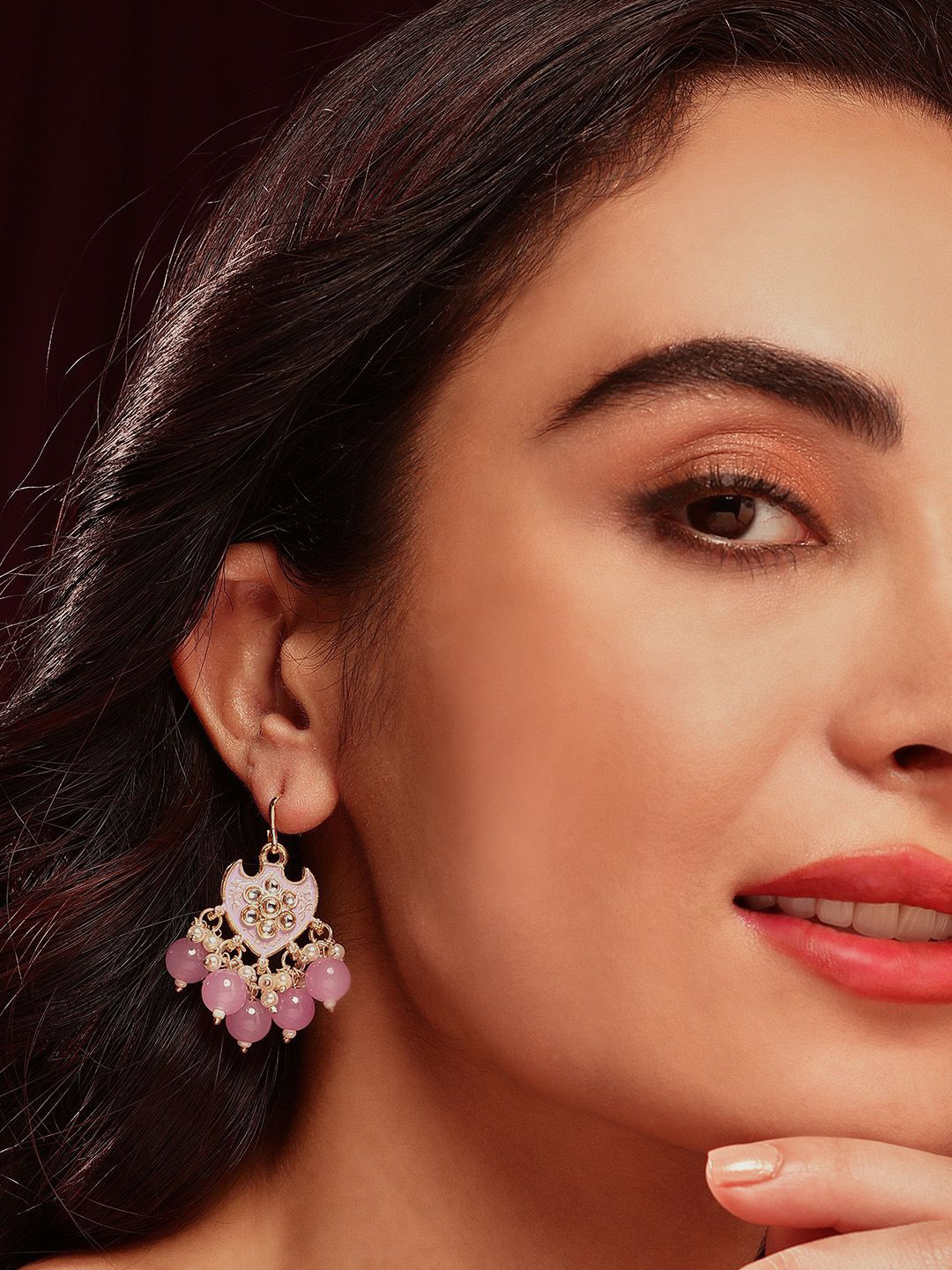 

Priyaasi Gold-Plated Floral Kundan Pearls Drop Earrings, Lavender