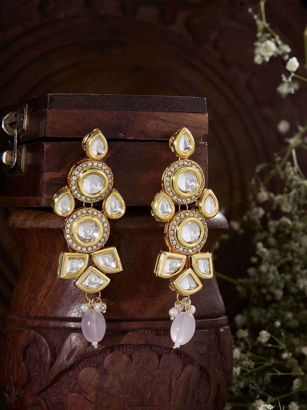 

Priyaasi Gold-Plated Kundan-Studded & Beaded Contemporary Drop Earrings