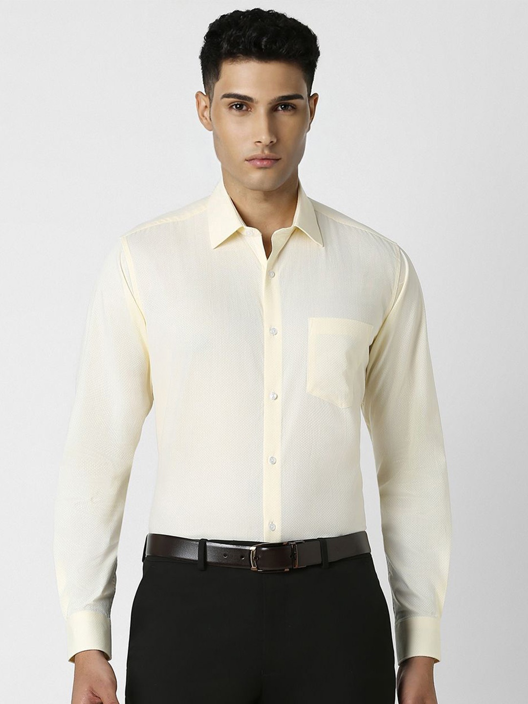 

Van Heusen Men Spread Collar Textured Solid Cotton Party Shirt, Cream