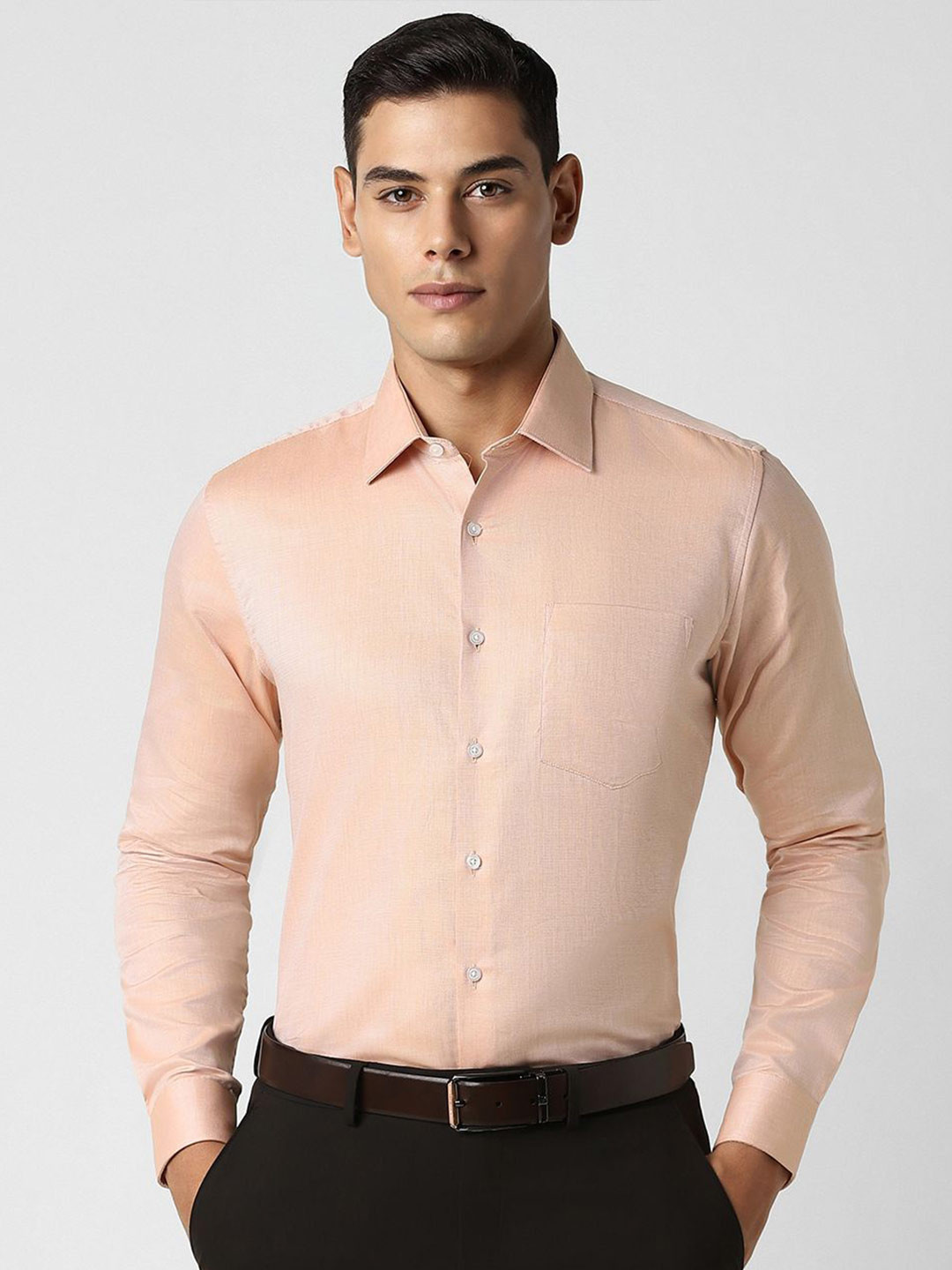 

Van Heusen Men Spread Collar Textured Self Design Cotton Slim Fit Casual Shirt, Peach