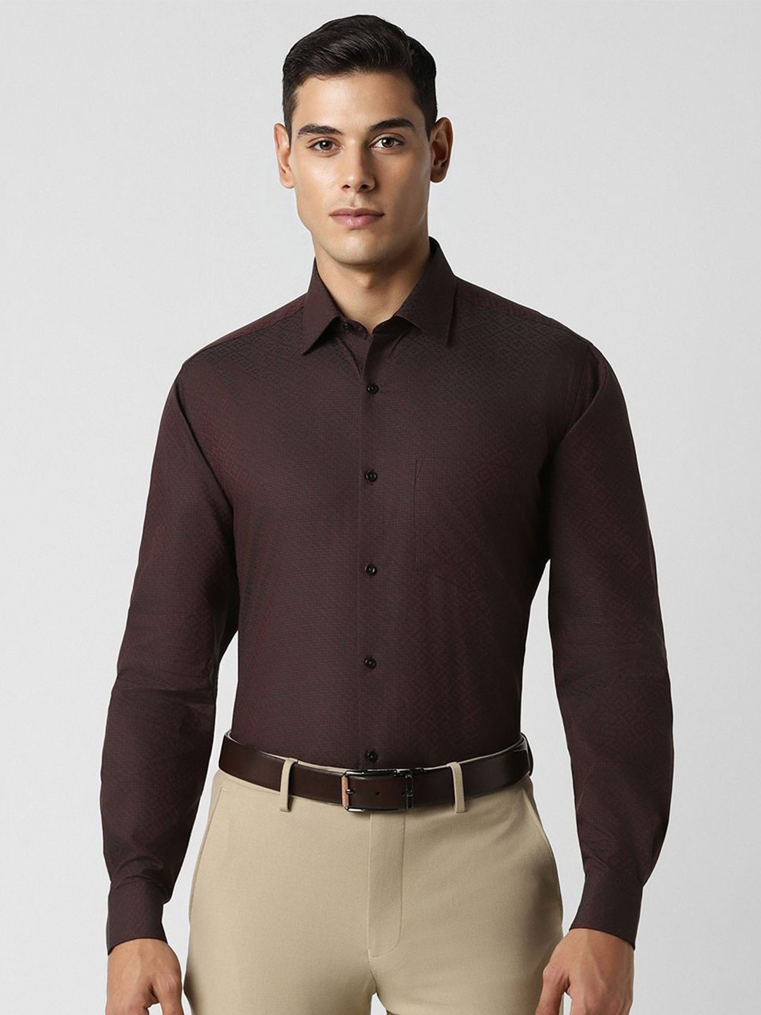 

Van Heusen Men Spread Collar Textured Printed Cotton Casual Shirt, Brown