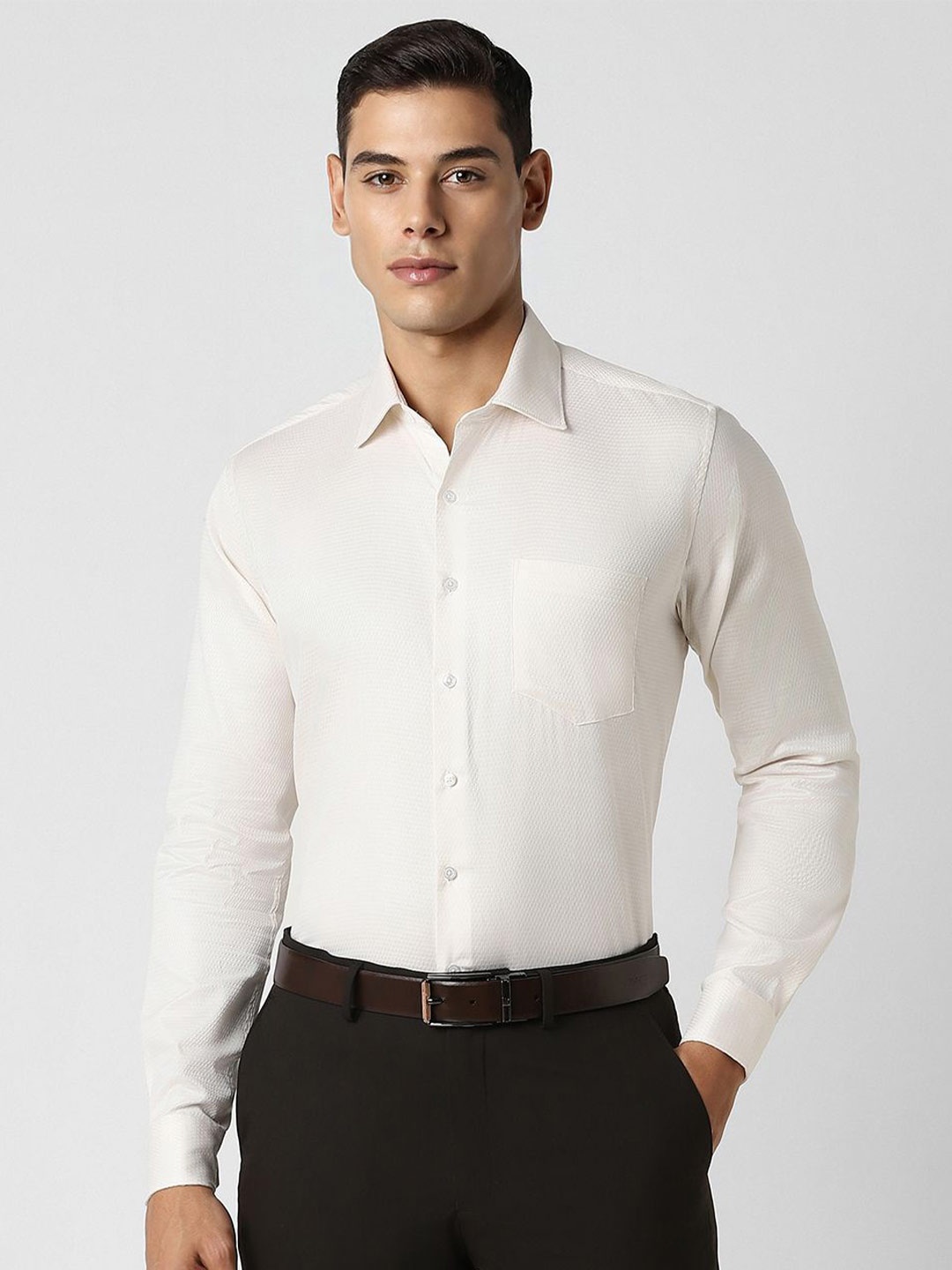 

Van Heusen Men Spread Collar Textured Solid Cotton Slim Fit Party Shirt, White