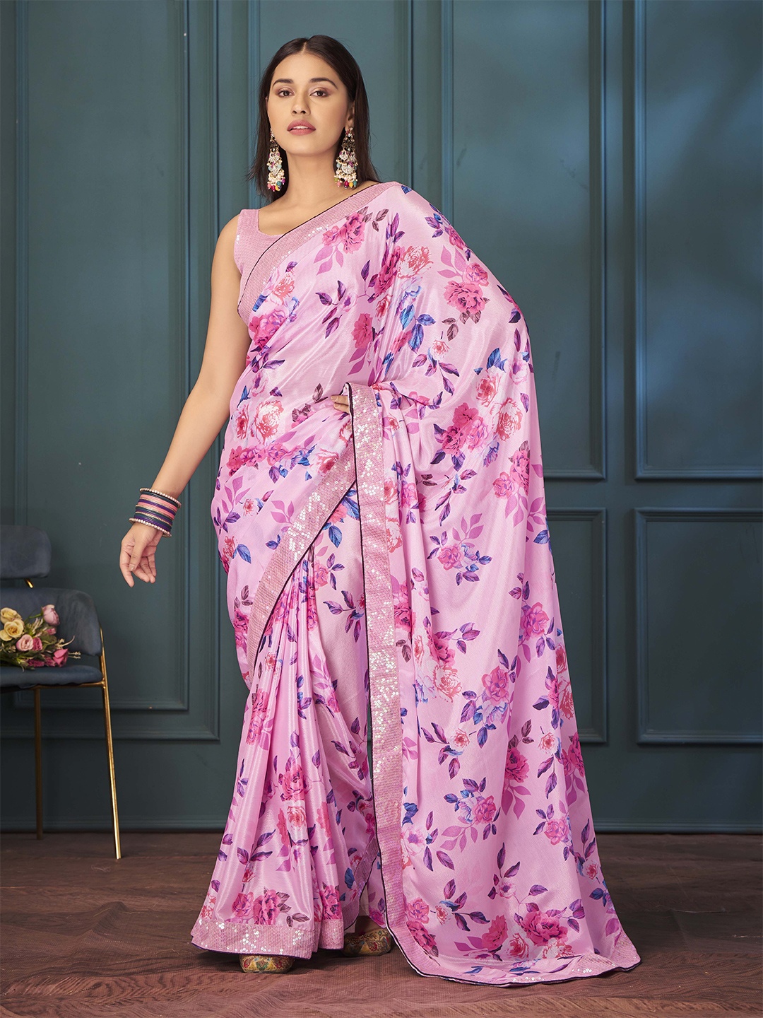 

Ethnielle Floral Sequinned Saree, Pink