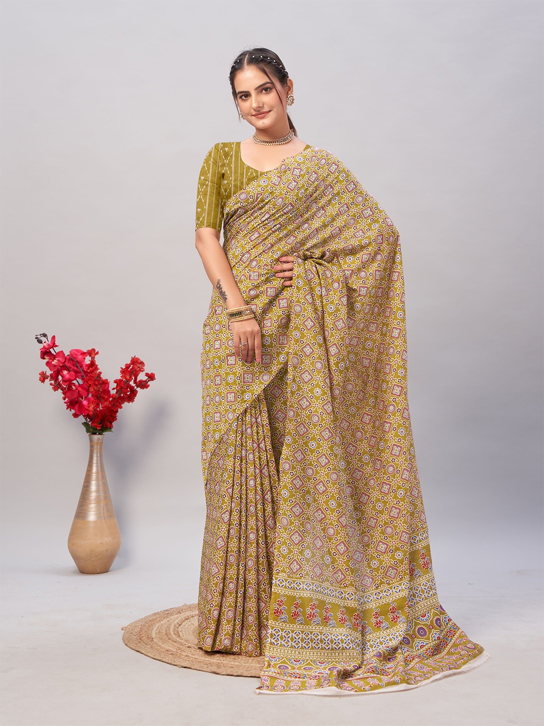 

KALINI Ajrak Print Pure Cotton Saree, Olive