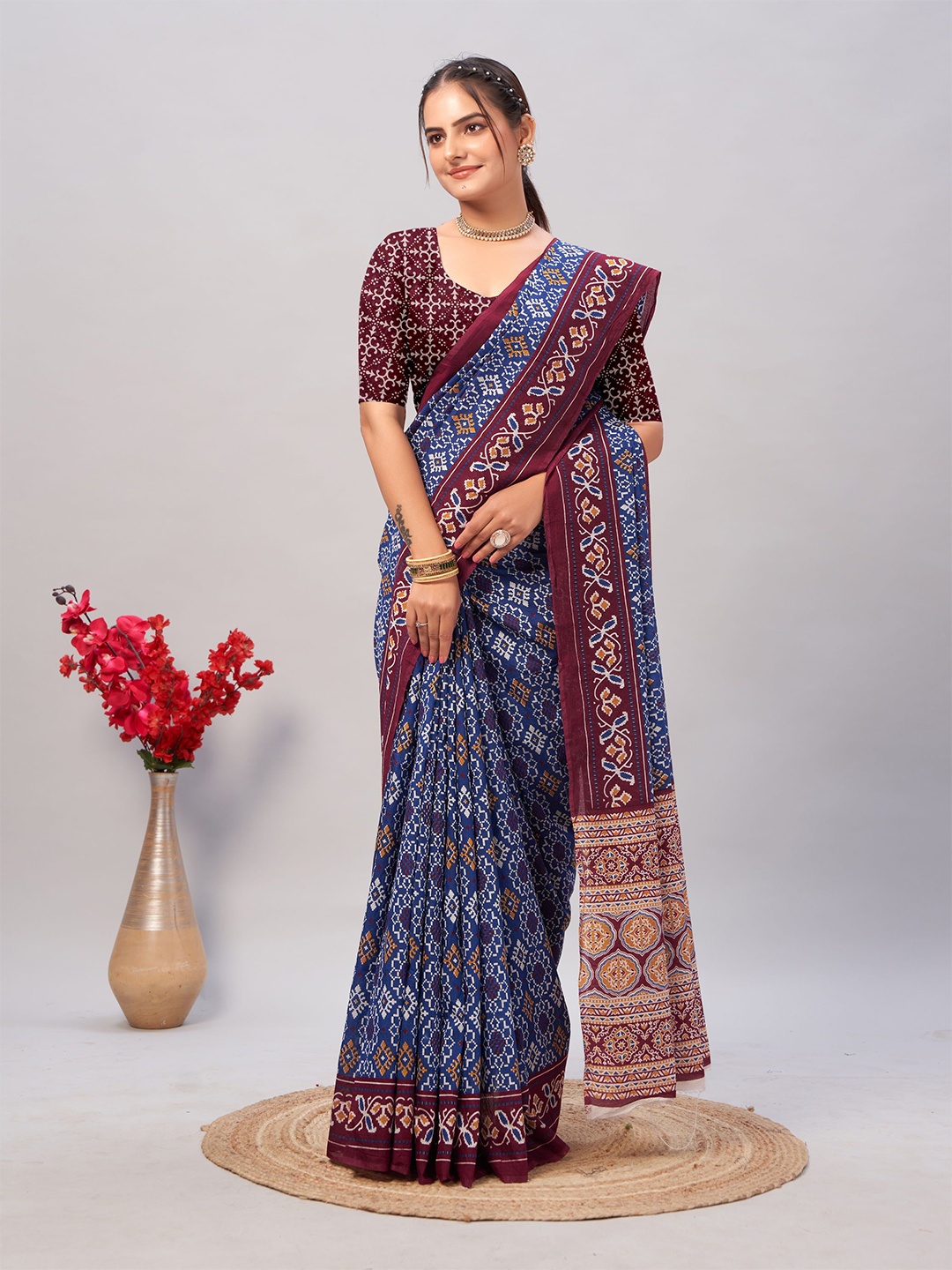

KALINI Ajrak Print Pure Cotton Saree, Blue