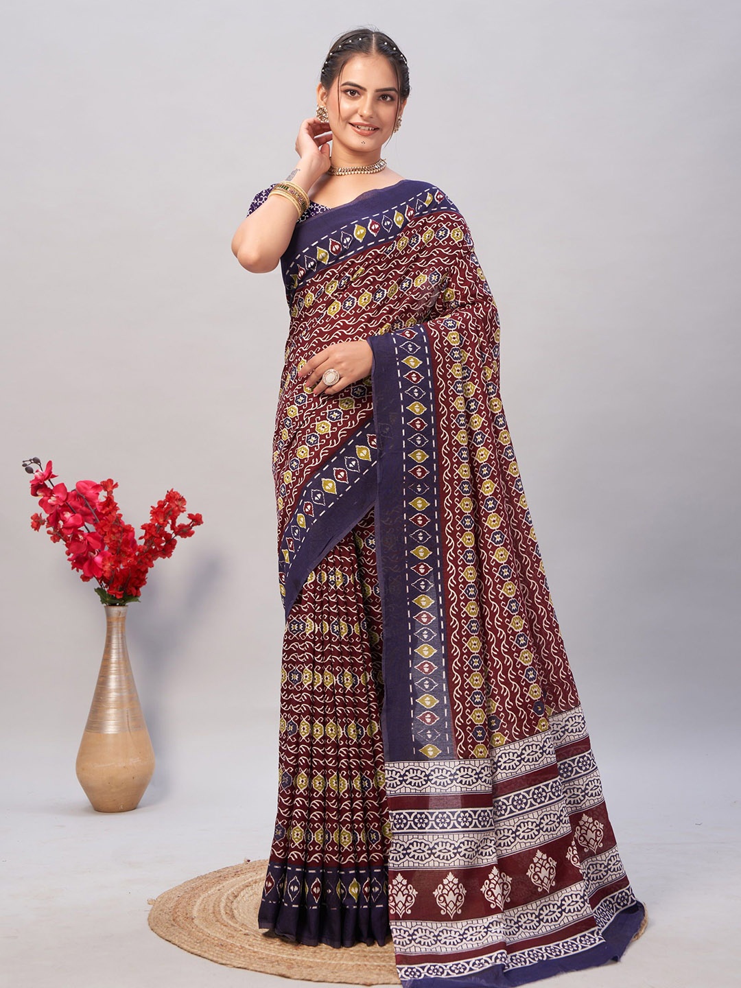 

KALINI Ajrak Block Pure Cotton Saree, Maroon