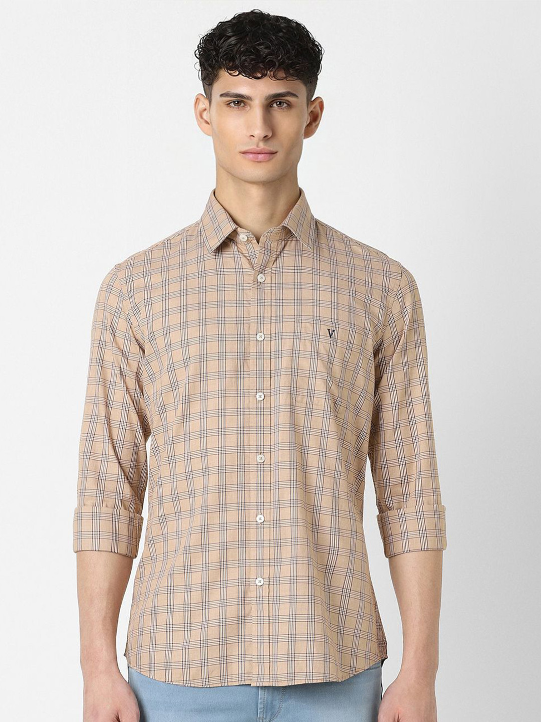 

Van Heusen Sport Men Spread Collar Other Checks Checked Cotton Slim Fit Casual Shirt, Beige
