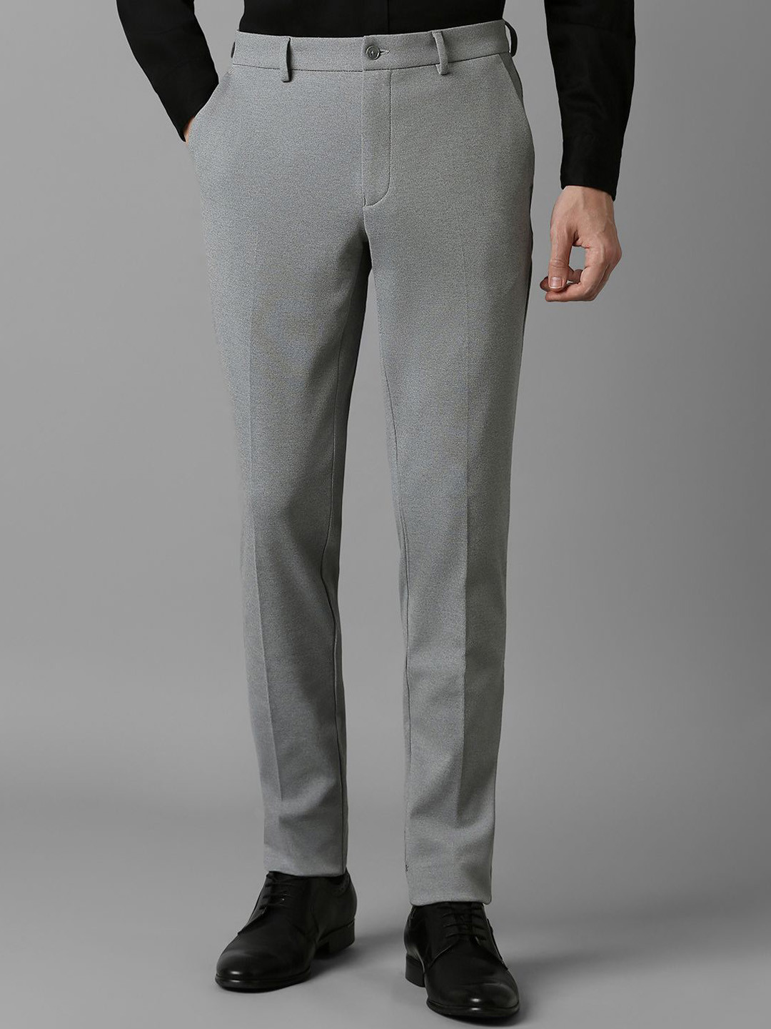 

Louis Philippe Men Textured Slim Fit Mid Rise Flat Front Trousers, Grey