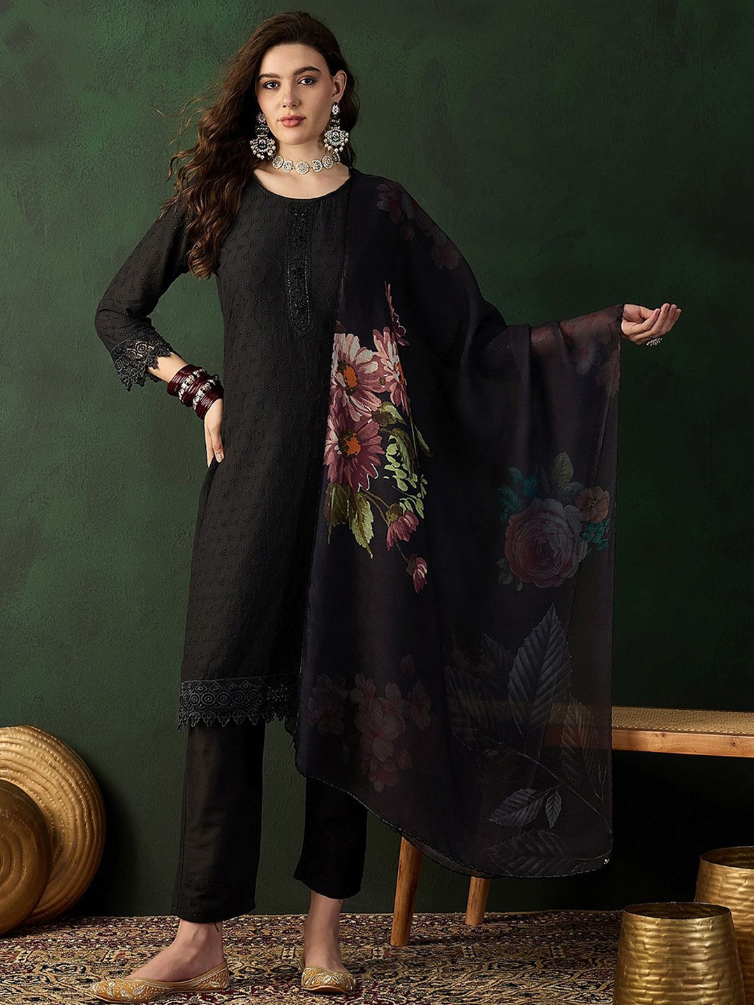 

all about you Floral Embroidered Pure Cotton Straight Kurta with Trousers & Dupatta, Black