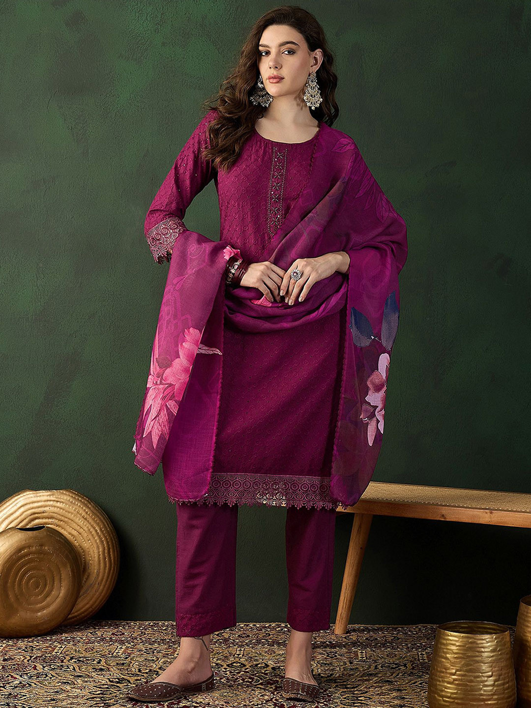 

all about you Floral Embroidered Pure Cotton Straight Kurta with Trousers & Dupatta, Purple