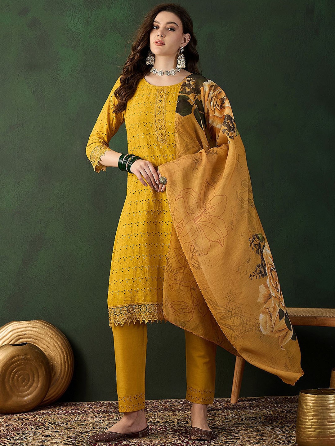 

all about you Floral Embroidered Pure Cotton Straight Kurta with Trousers & Dupatta, Yellow