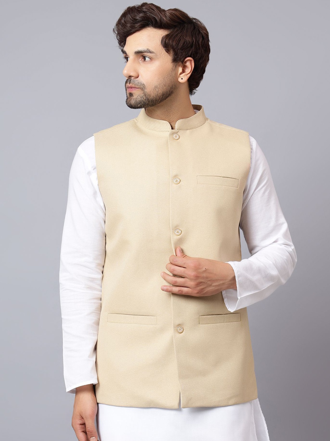 

Latest Chikan Garments Mandarin Collar Nehru Jacket, Beige