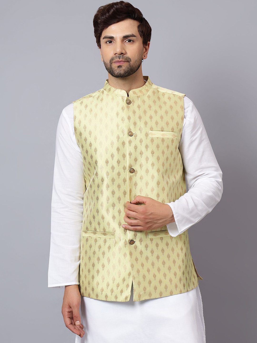 

Latest Chikan Garments Woven Design Nehru Jacket, Beige