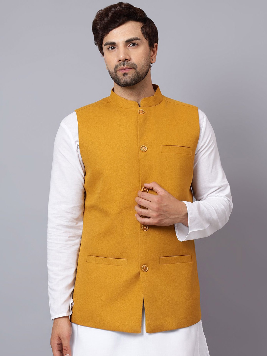 

Latest Chikan Garments Mandarin Collar Nehru Jacket, Yellow
