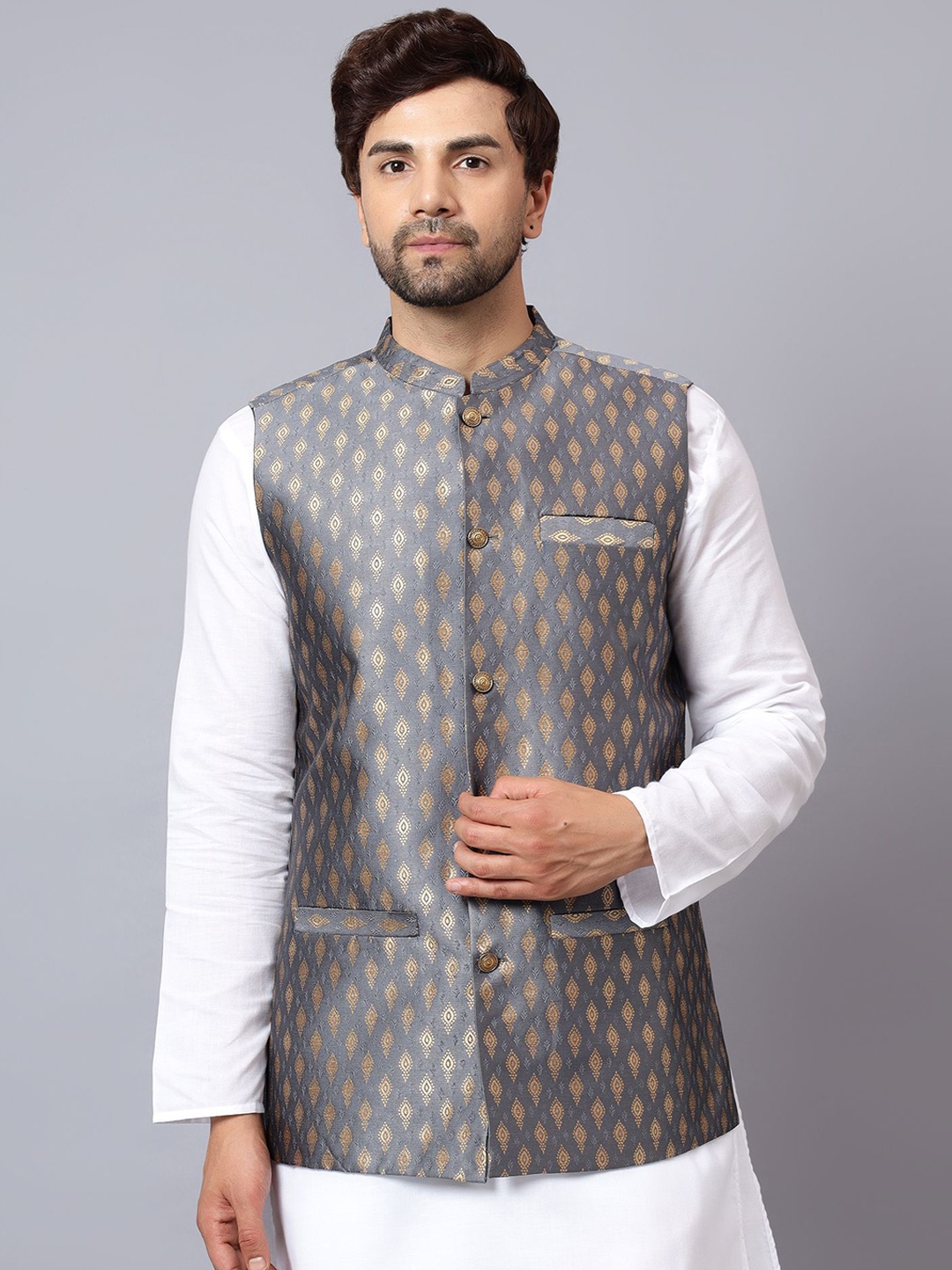 

Latest Chikan Garments Corduroy Woven Design Nehru Jacket, Grey
