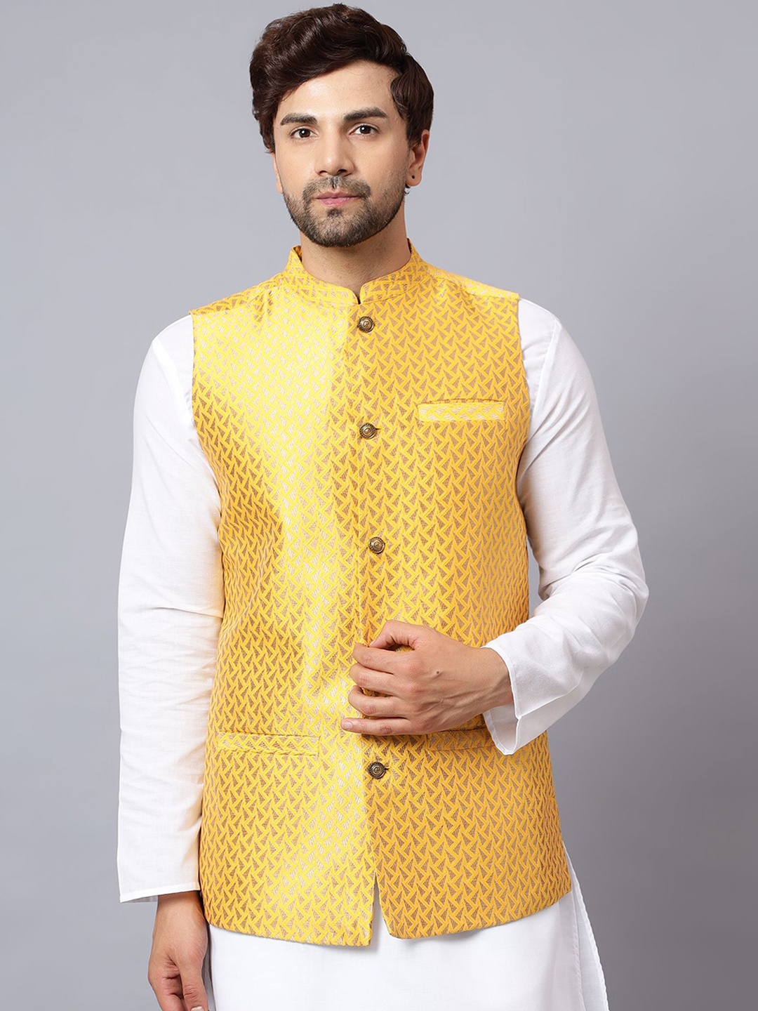 

Latest Chikan Garments Woven Design Nehru Jacket, Yellow