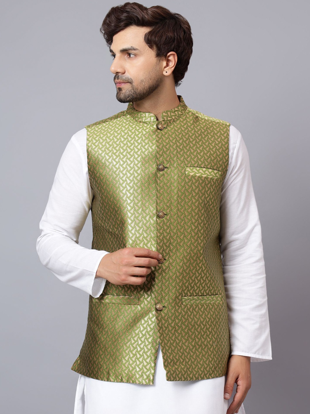 

Latest Chikan Garments Corduroy Woven Design Nehru Jacket, Green