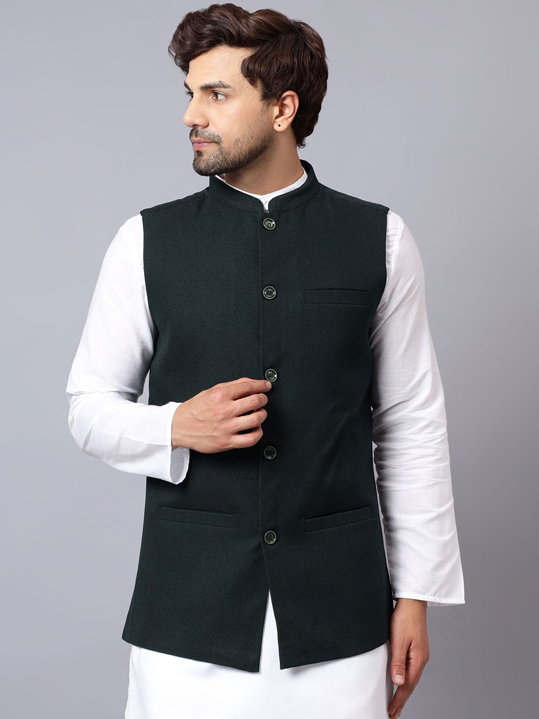 

Latest Chikan Garments Mandarin Collar Nehru Jacket, Green
