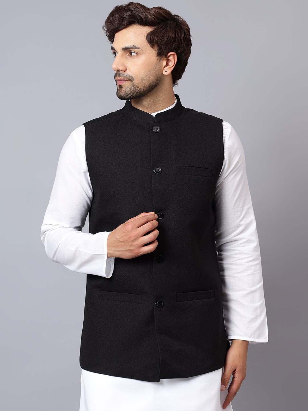 

Latest Chikan Garments Mandarin Collar Nehru Jacket, Black