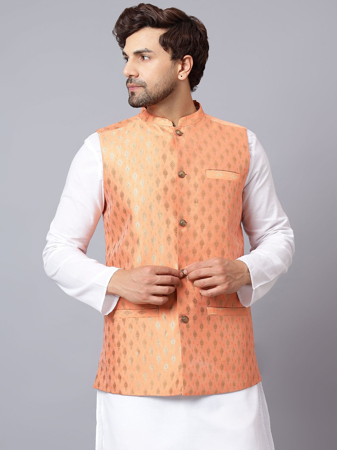 

Latest Chikan Garments Corduroy Woven Design Nehru Jacket, Peach