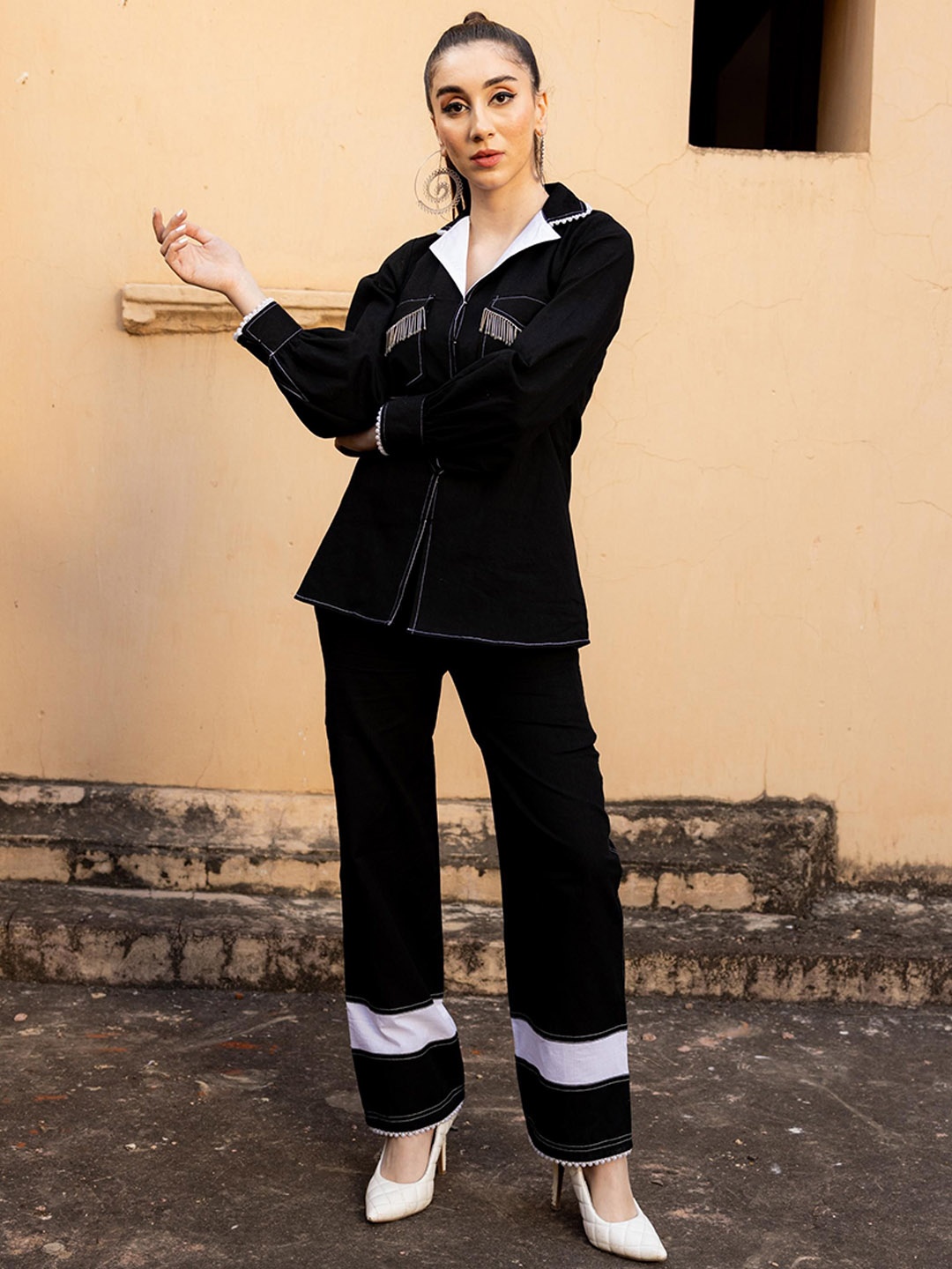 

JORASA Embellished Shirt With Trousers, Black