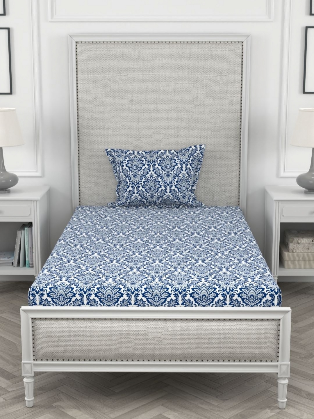 

Myntra Elegant Homes Navy Blue Floral Printed 200 TC Cotton Single Bedsheet Set