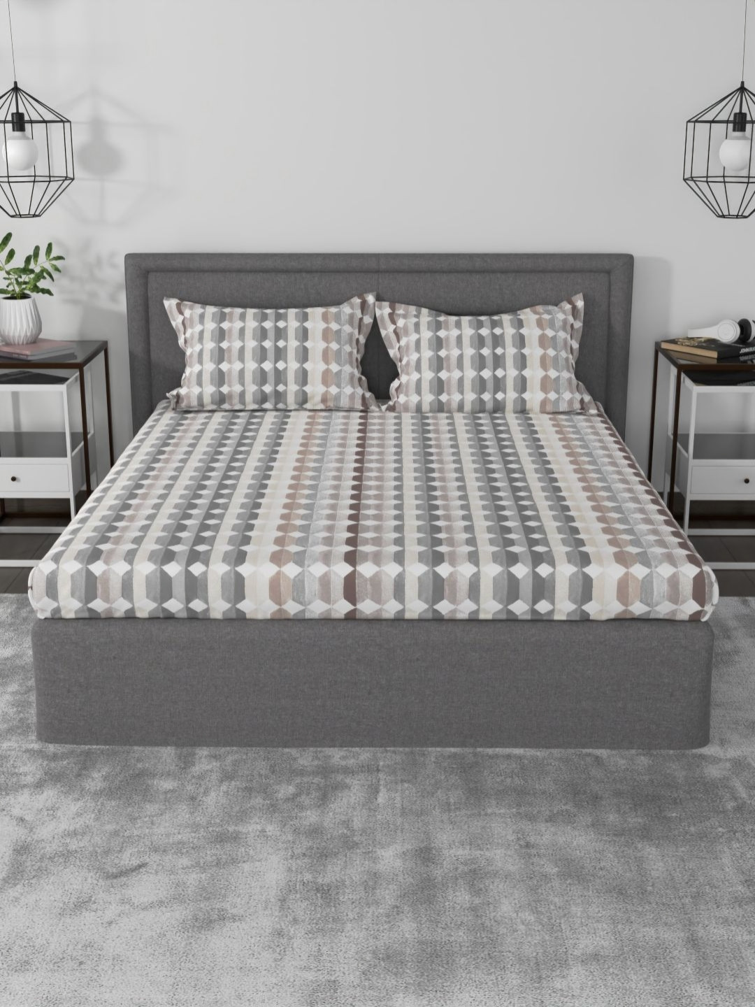 

Myntra Elegant Homes Grey Printed Cotton 144 TC Queen Bedsheet with 2 Pillow Covers