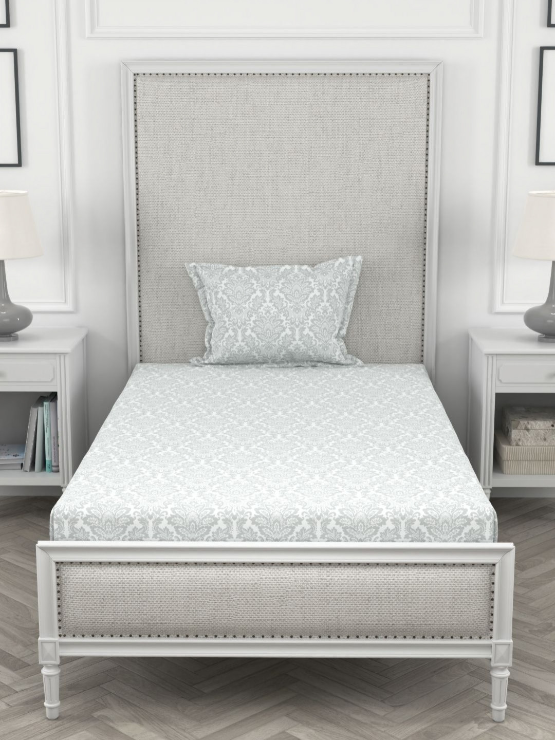 

Myntra Elegant Homes Grey Floral 200 TC Pure Cotton Single Bedsheet with 1 Pillow Covers