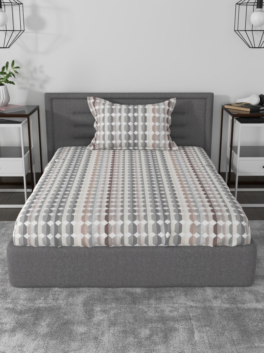 

Myntra Elegant Homes Grey Printed Pure Cotton 144 TC Single Bedsheet with 1 Pillow Covers
