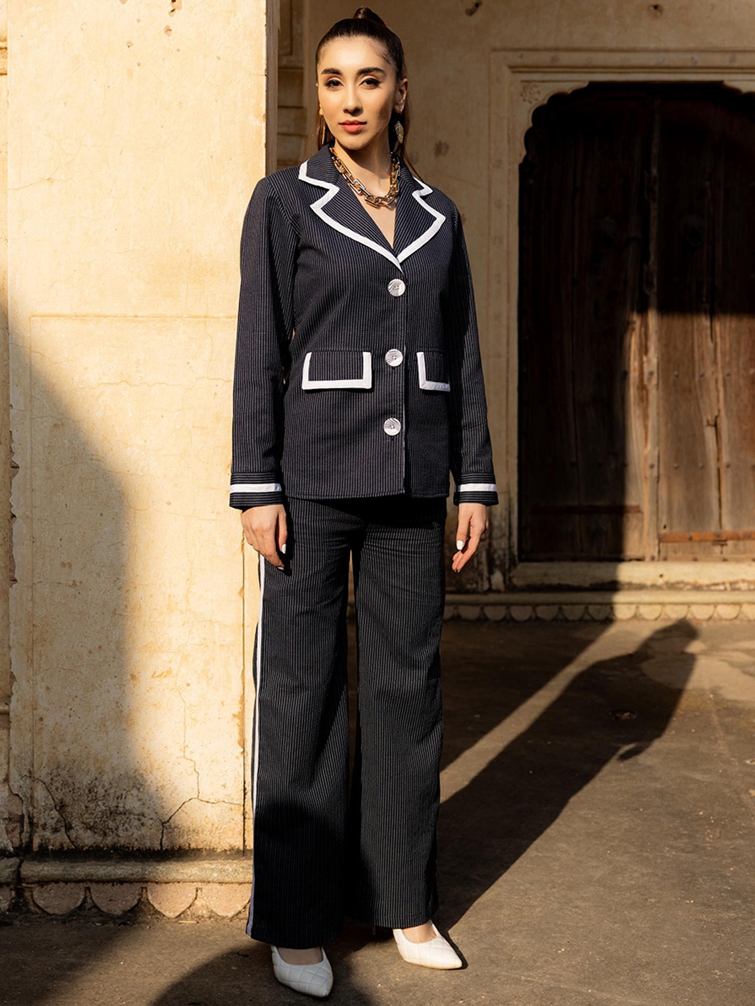 

JORASA fiza Printed Shirt Collar Coat With Trousers, Blue