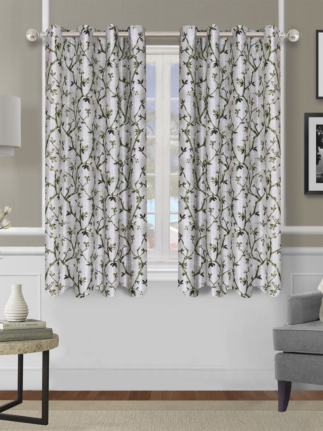 

Myntra Elegant Homes Green & Grey 2 Pieces Floral Room Darkening Window Curtain