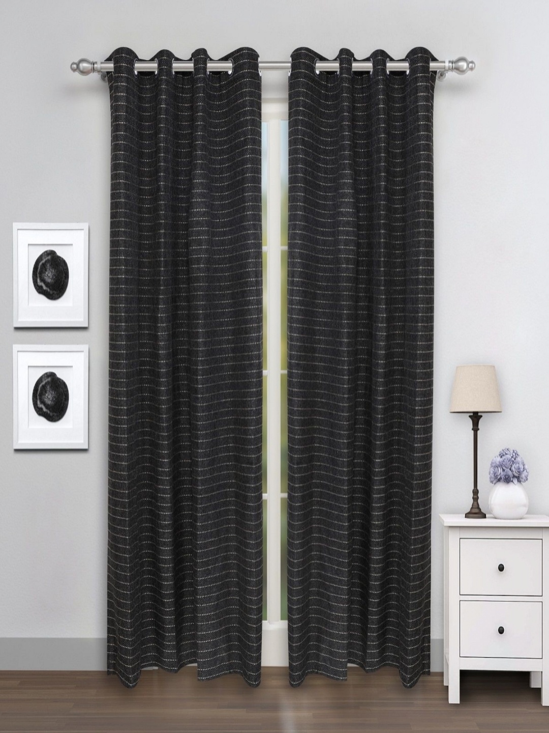 

Myntra Elegant Homes Black & Silver-Toned 2 Pieces Striped Room Darkening Door Curtain