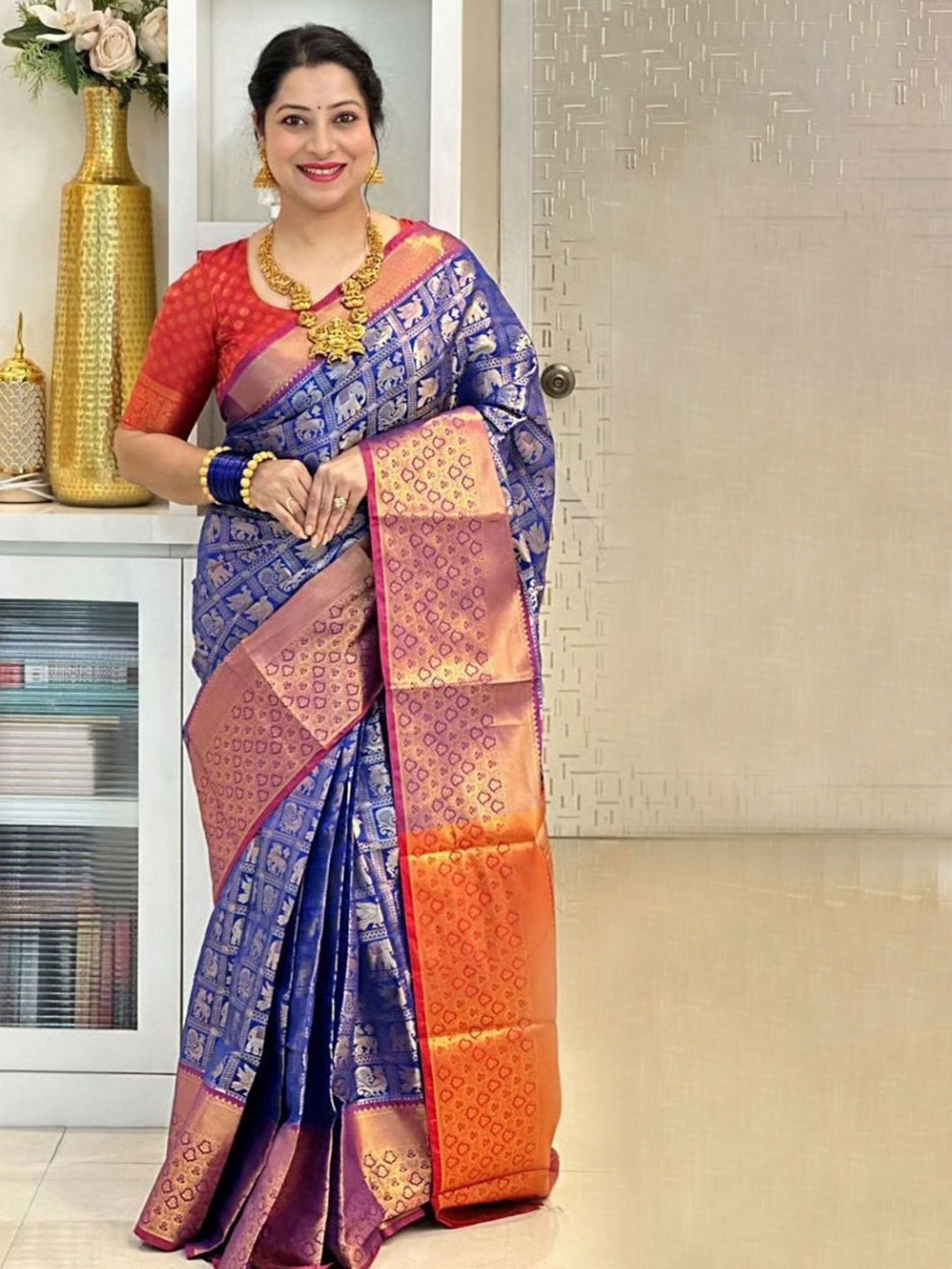 

Visit Wear Woven Design Zari Pure Silk Kanjeevaram Saree, Blue