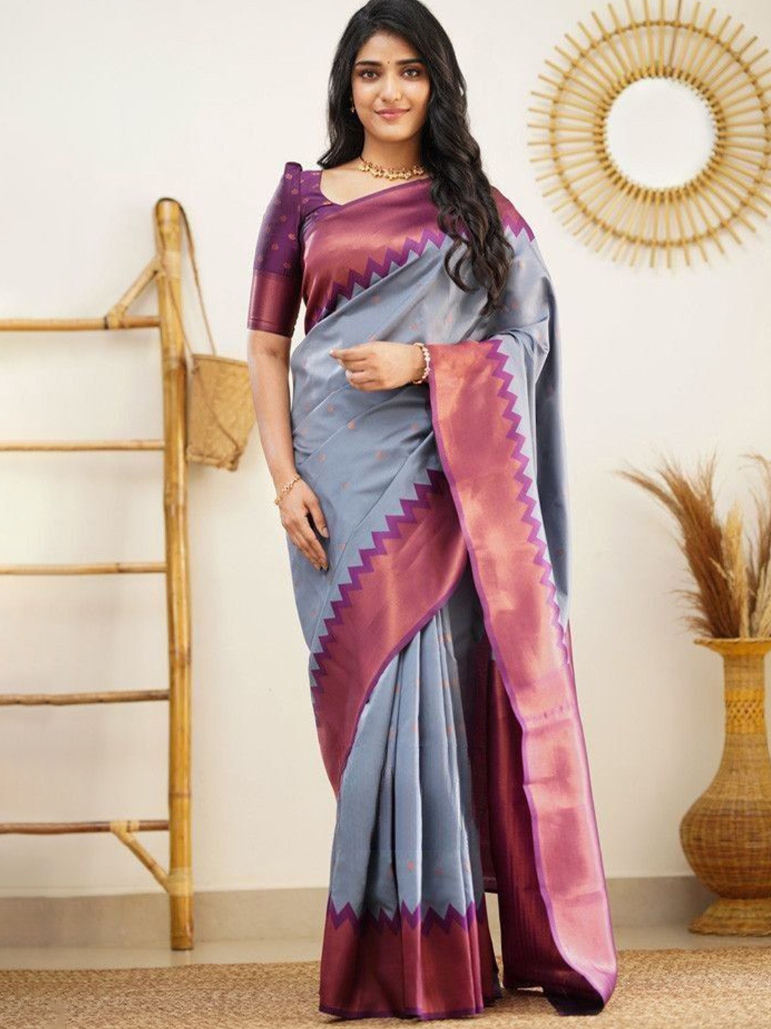 

Visit Wear Woven Design Zari Pure Silk Kanjeevaram Saree, Grey