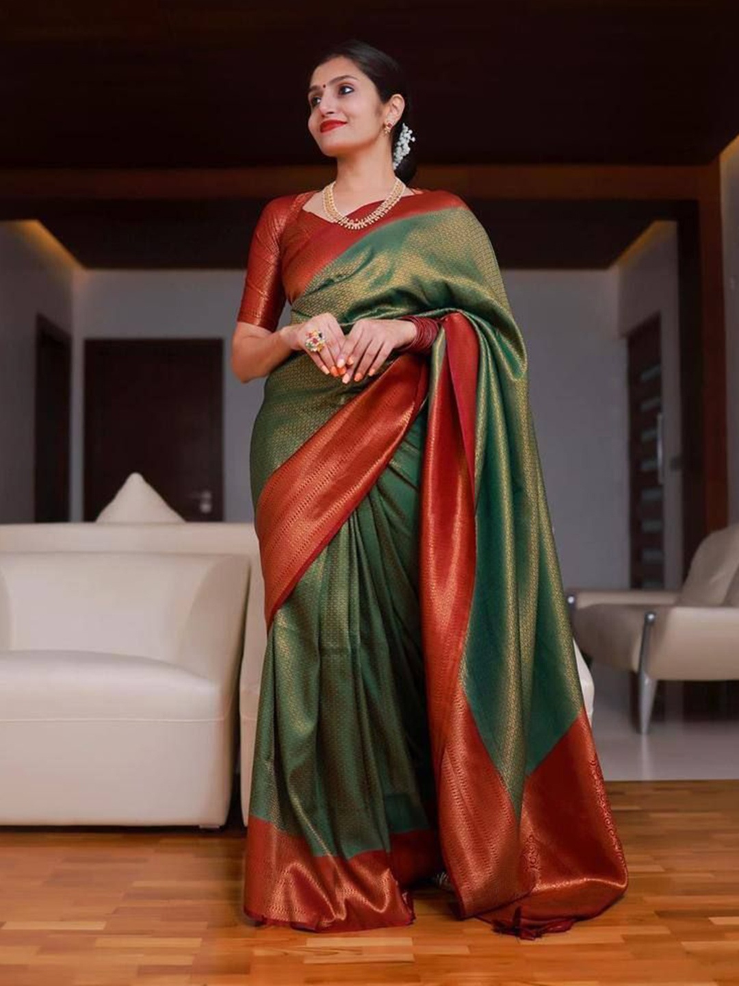 

Visit Wear Zari Woven Pure Silk Kanjeevaram Saree, Green