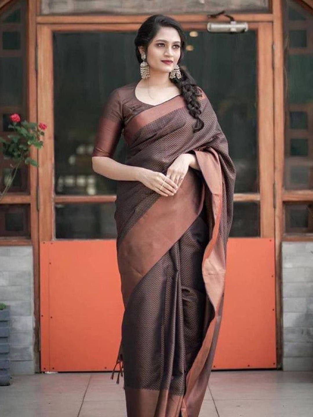 

Visit Wear Striped Zari Pure Silk Kanjeevaram Saree, Brown