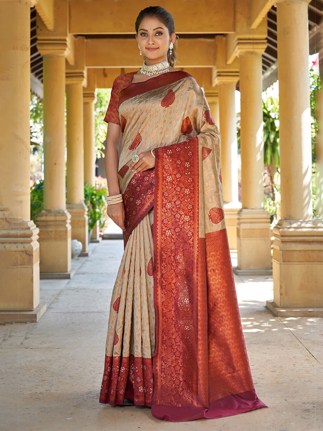 

Visit Wear Woven Design Zari Pure Silk Kanjeevaram Saree, Cream