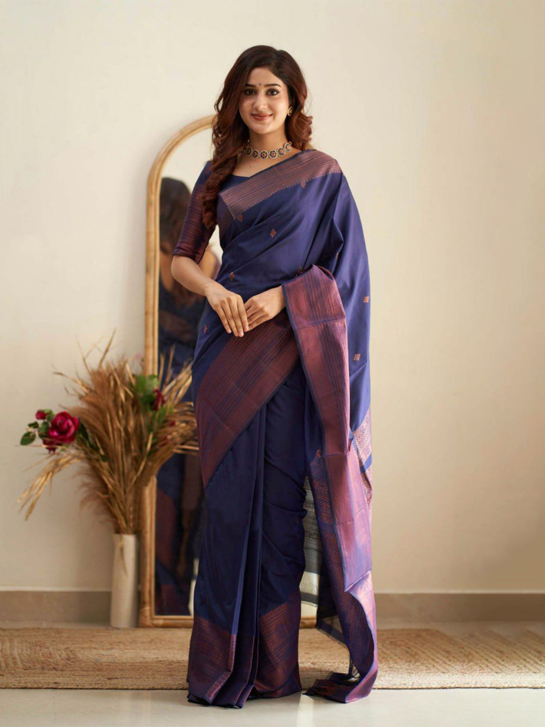 

Visit Wear Ethnic Motifs Zari Woven Pure Silk Kanjeevaram Saree, Navy blue